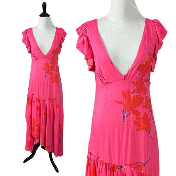 Free People Tropical Hawaiian Hibiscus Hot Pink Floral Maxi Dress Size 0 XS - Picture 8 of 15